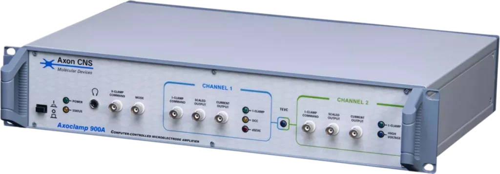 Axoclamp 900A amplifier: whole-cell current clamp, intracellular sharp recording, extracellular recording, two-electrode voltage clamp recording